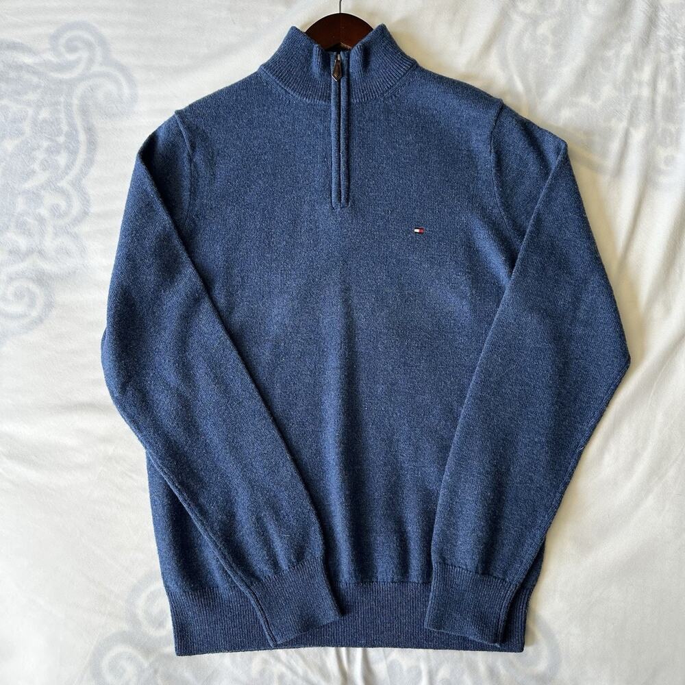 Tommy Hilfiger Men’s M Blue Lambswool 3/4 Zip Sweater Nautical Preppy Americana
